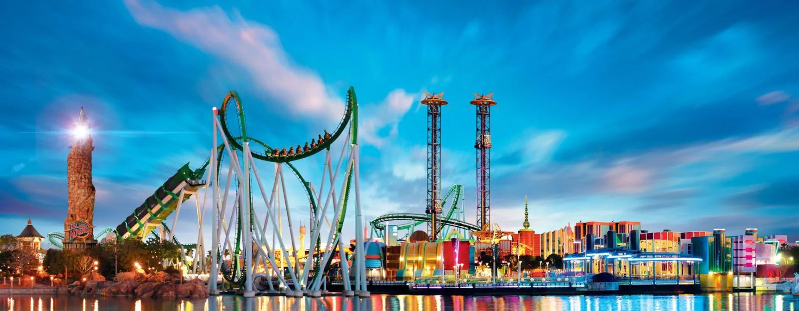 Islands of Adventure park at twilight
