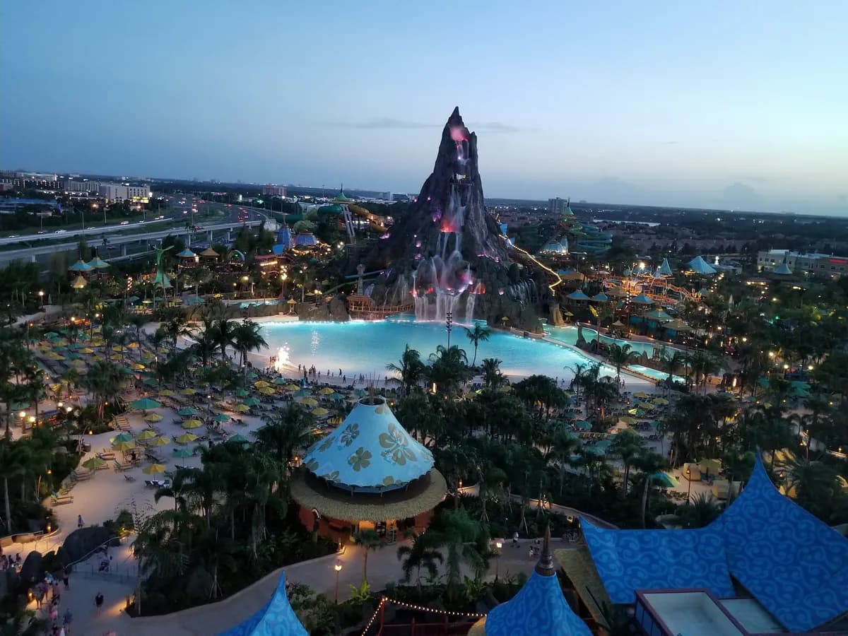 Volcano Bay water park at dusk